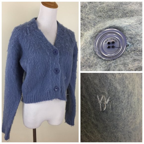 WE11DONE Sweaters - WE11DONE Blue Wool Blend Soft Knit Logo Buttons Embroidery Cropped Cardigan